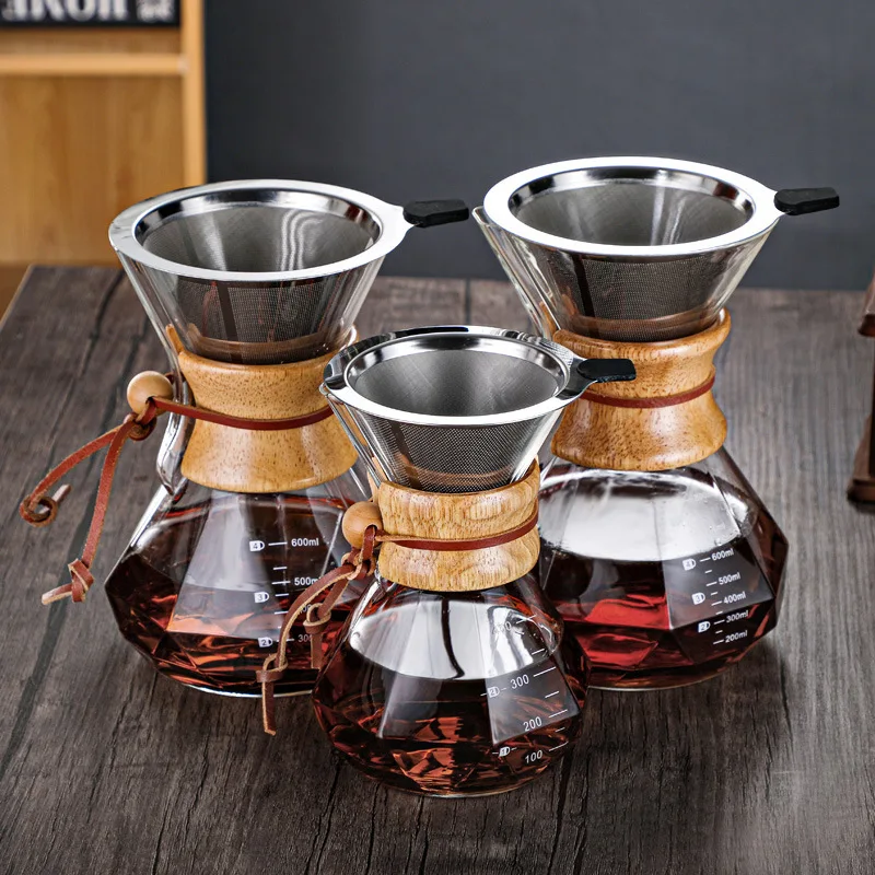 

Wooden handle hand brewed coffee pot High borosilicate glass drip diamond coffee pot set Household filter sharing pot