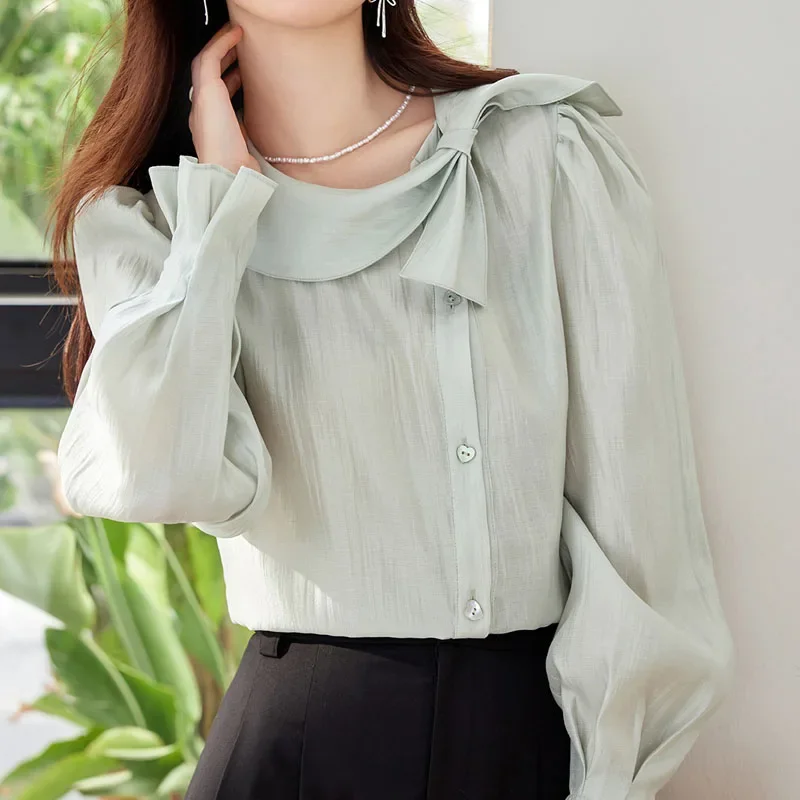 Новые модные осенние блузки с длинным рукавом и круглым вырезом женская рубашка