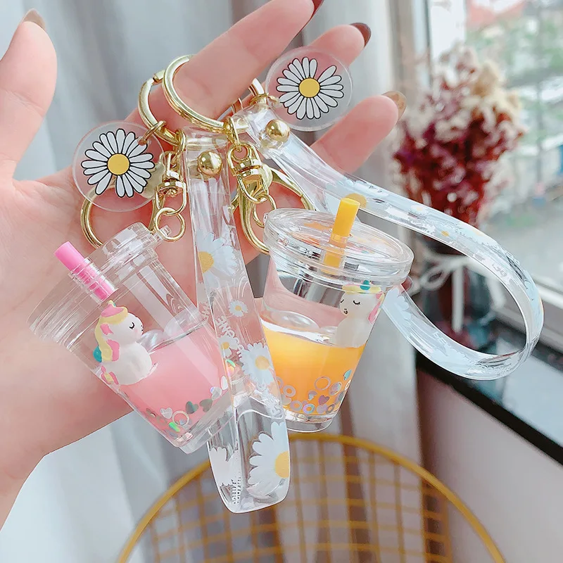 

Floating Creative Cute Pegasus Milk Tea Cup Keychain Moving Liquid Quicksand Drift Flower Keyring for Women Bag Pendant