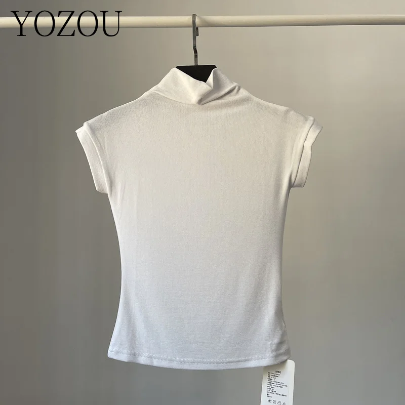 

[YOZOU] Black Brown Cotton Turtleneck Short Sleeve Crop Top Solid Basic Simple Slim Bodycon Baby Tee Tshirt Women Female Casual