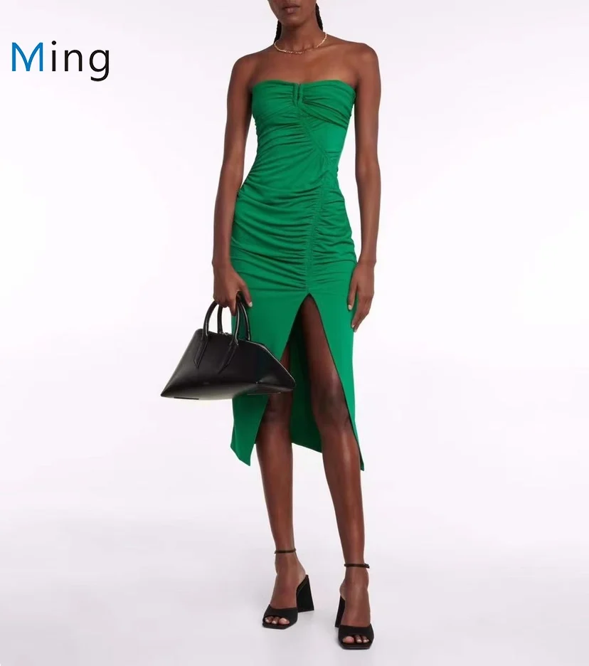 

2022 New Women Strapless Chest High Split Sexy Green Dress Event Wear Dress
