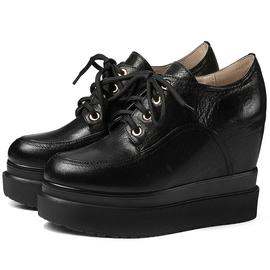 Punk Goth Hidden Wedge Ankle Boots Women's Lace Up Genuine Leather Round Toe High Heels Thick Sole Creeper Shoe Punk Goth