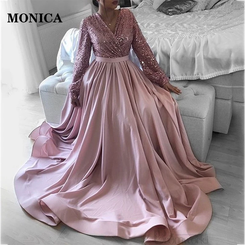 Купи Pink V Neck Long Sleeve Dress 2022 Ladies Elegant Sequin Corset Satin A Line Party Prom Dress Robe Party Dubai за 3,913 рублей в магазине AliExpress