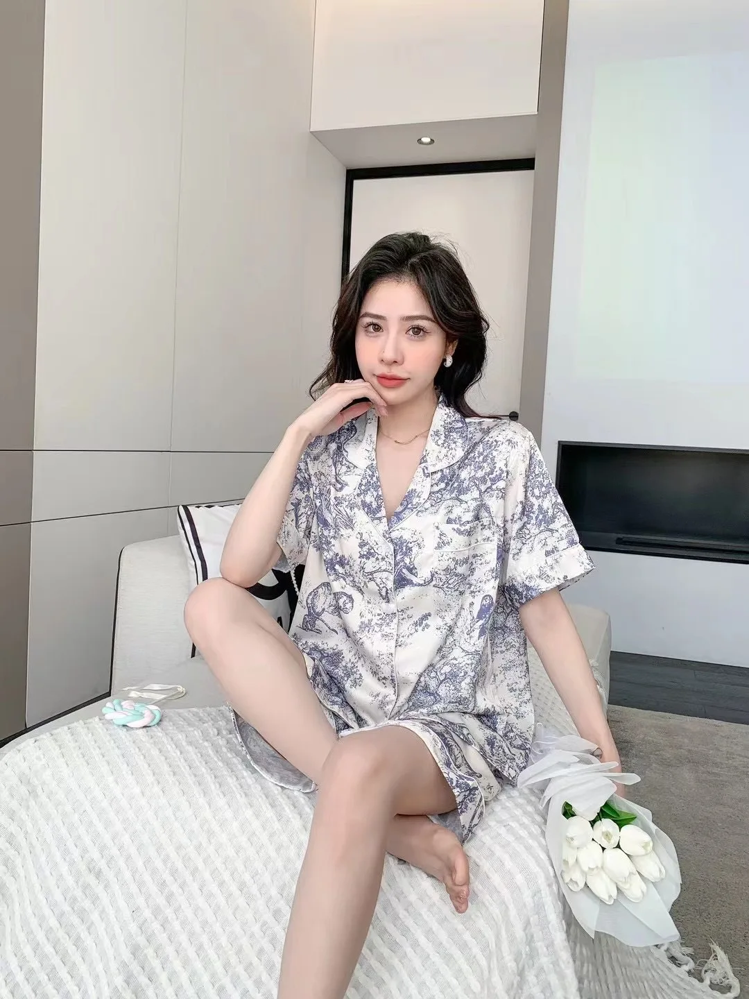 Summer 2023 new ink painting animal ice silk pajamas women's short sleeve shorts loungewear set