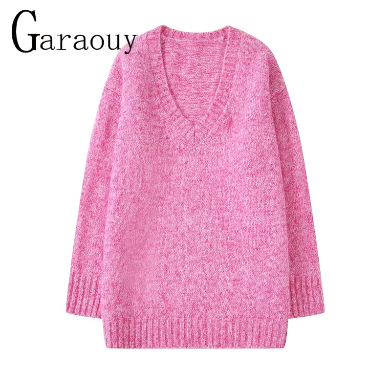 

Garaouy 2022 Autumn New Women's Long Sleeve V-Neck Long Sweater Female Pink Simple Loose Knitted Jumper Warm Soft Pullover Mujer