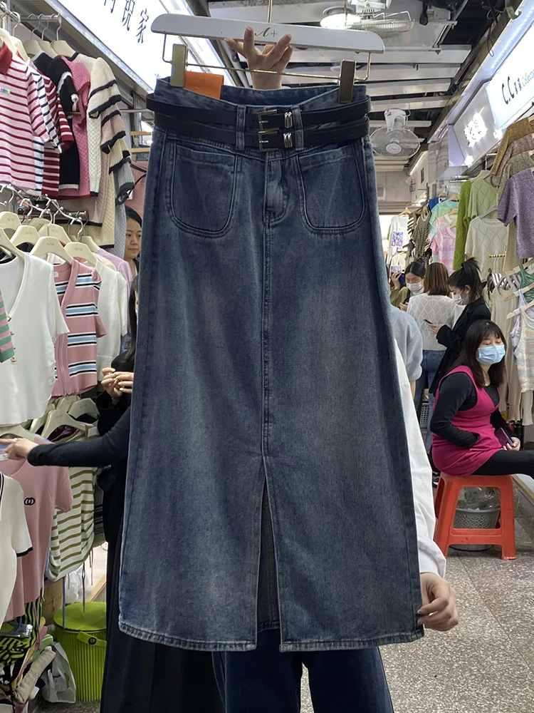 

Vintage Double Belt A-line Denim Skirt Woman Slit Pocket High Waist Midi Skirts Female Mid-length Casual Women Clothes Dropship