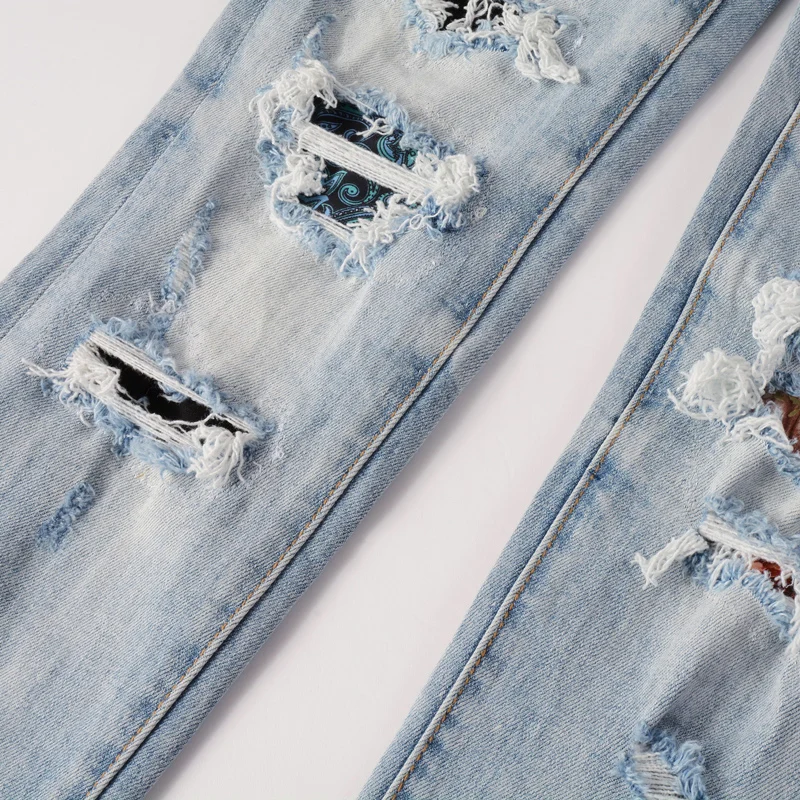 High Street Fashion Men Jeans Retro Light Blue Slim Fit Stretch Hole Ripped Jeans Men Patch Designer Hip Hop Brand Pants Hombre