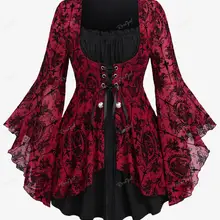 ROSEGAL Plus Size T-Shirts Gothic Flocking Cross Flower Pattern Mesh Panel Lace-up Top Women Autumn Winter Bell Sleeve Tees 5XL