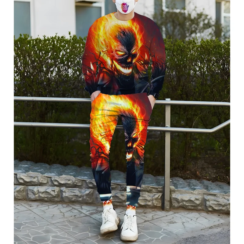 

Spring and Autumn Men's Horror Fire Skull 3D Printing Fashion Casual Long Sleeve T-Shirt Set Oversized Sportswear 2-Piece Sets