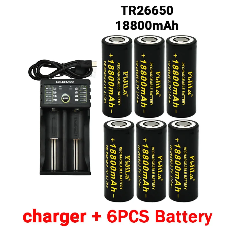 

26650 3.7V 18800mAh Battery High Capacity 26650 50A Power Battery Lithium Ion Rechargeable Battery for Toy Flashlight+charger