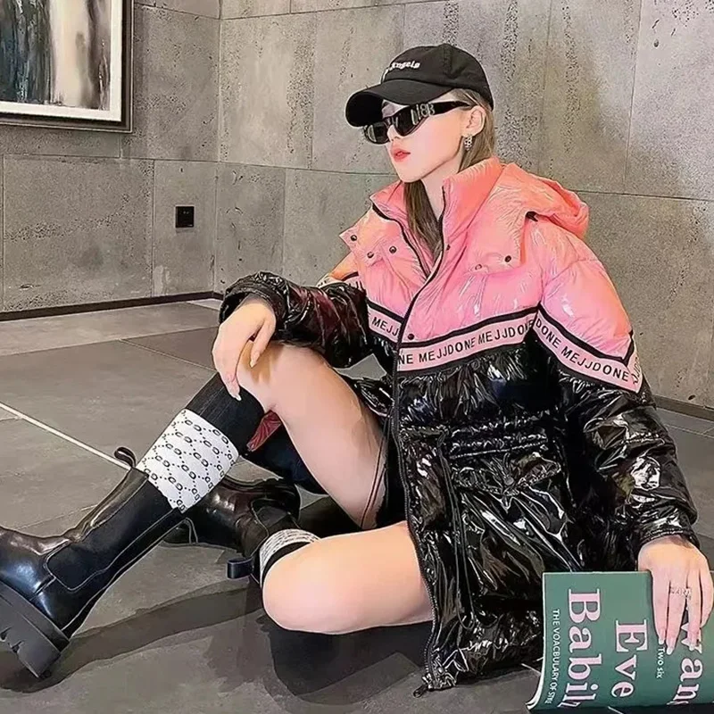 Down Jacket Women's 2022 Winter New Mid-Length Hooded Coat Bright Color Matching Waist Loose White Duck Feather Parkas Female