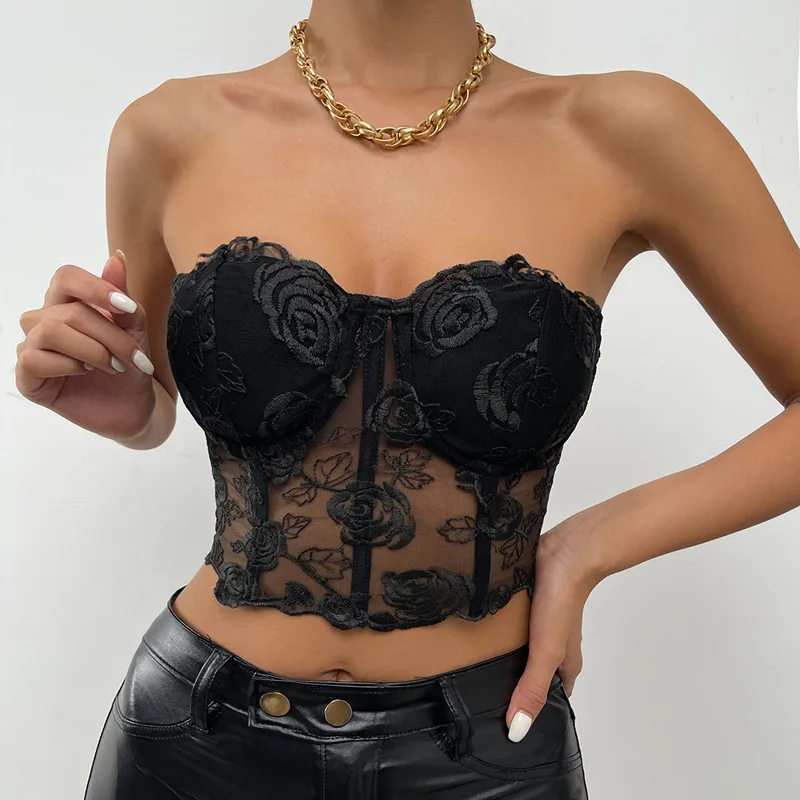 

Strapless Sexy Lace Crop Corset Tops Women Black 2022 Floral Sleeveless Bustier Ladies Backless Party Sexy Crop Top Y2k Tube Top