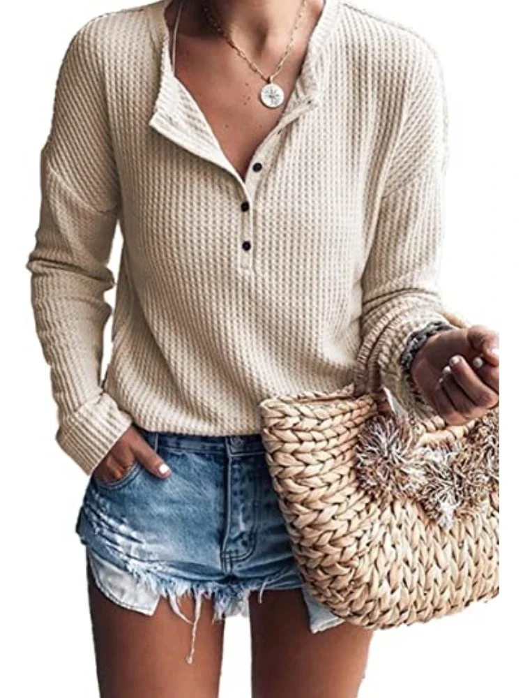 

Women's Waffle Knit Tunic Blouse Button Up Henley Tunic Tops Sexy V Neck Plain Shirts Long Sleeve Woman Pullovers 2023 New