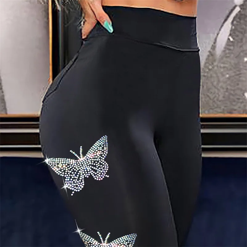 Tight Trousers Rhinestone Butterfly Pattern High Waist Tight Trousers Personalized European American Fashion Women Pant