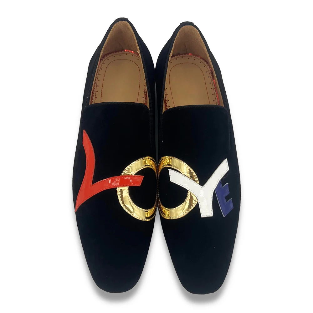 

Luxury LOVE Letters Design Loafers Shoes Red Bottom Cow Suede Slip on Dress Shoes For Men Wedding Party Footwear Plus Size