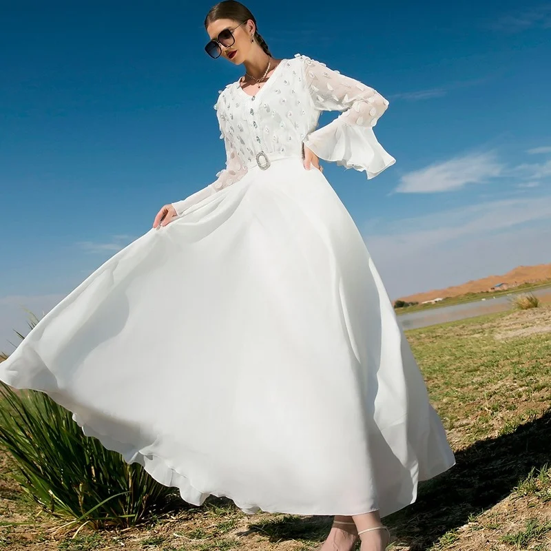 White Muslim Dress Women 2022 Ruffle Sleeve Chiffon Eid Mubarak Evening Party Maxi Long Dress Arabic Turkish Islamic Clothing