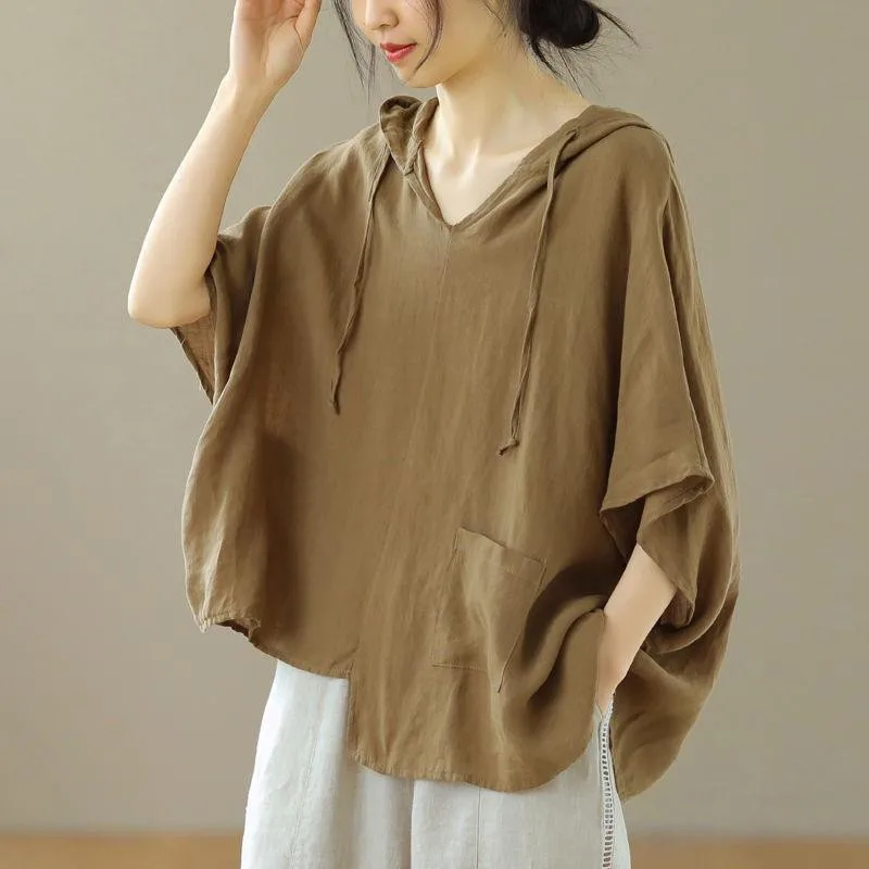 Женская Асимметричная футболка с коротким рукавом, V-образным вырезом и капюшоном