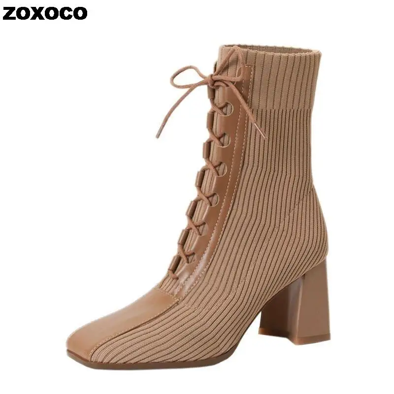 ZOXOCO 2022 Autumn Winter New Fashion Stitching Knitted Elastic Stockings Boots High-heeled Short Boots Women's Square Toe 39
