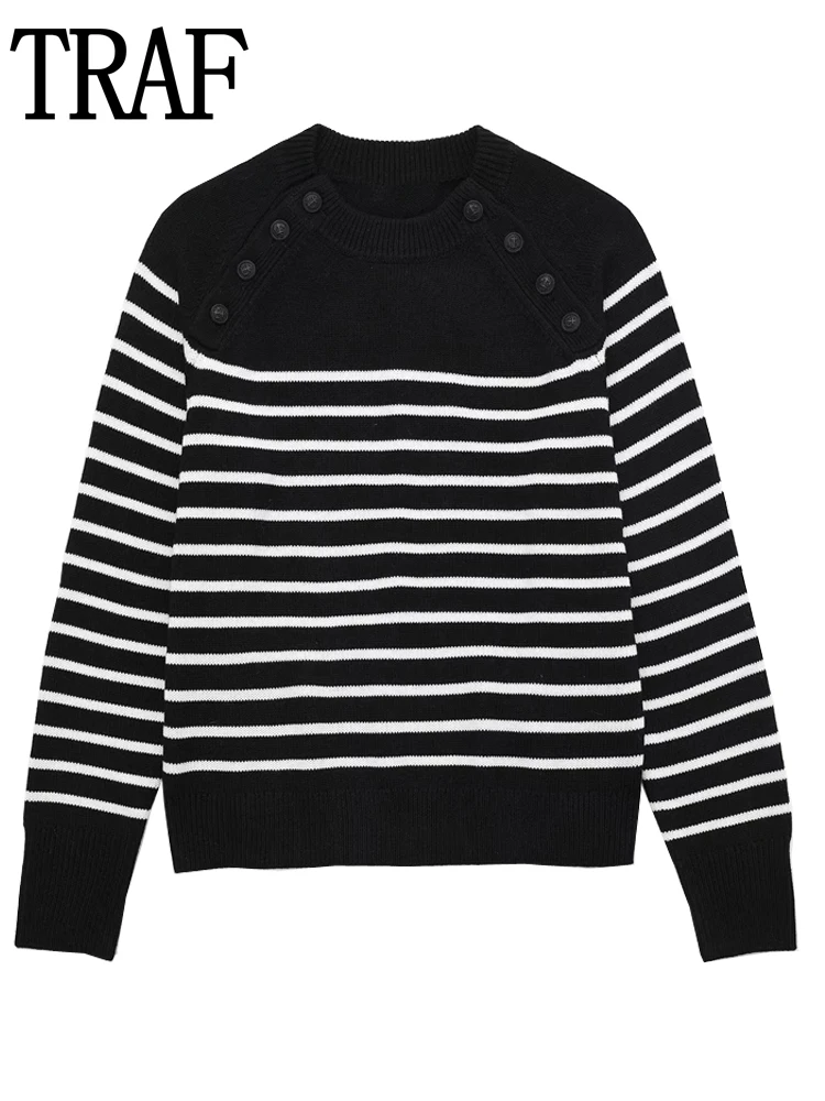 

TRAF Black Striped Sweater Long Sleeve Cropped Knitted Sweaters For Women Fashion 2022 Winter Round Neck Sweaters Pullovers