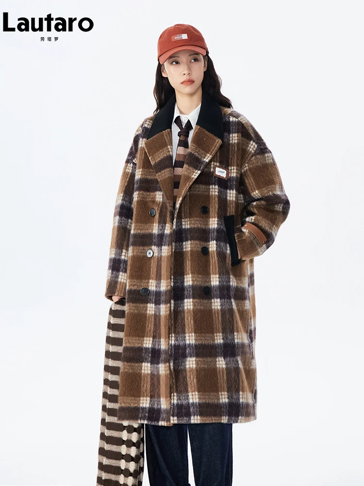 

Lautaro Autumn Winter Long Oversized Warm Thick Brown Stylish Soft Plaid Woolen Coat Women Double Breasted Runway Fashion 2023