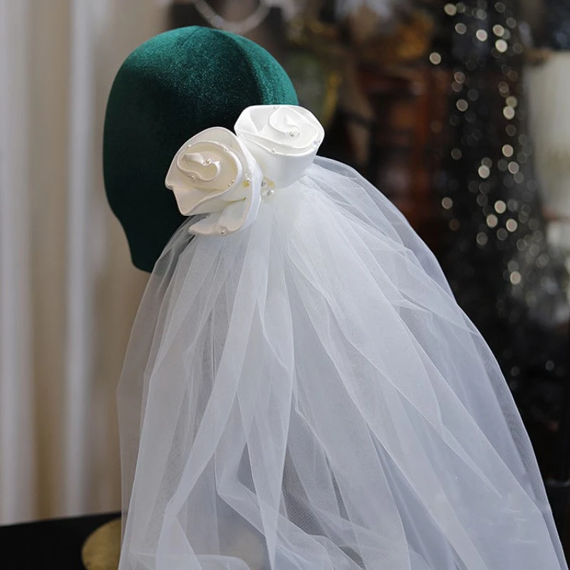 

French Satin Rose Flower Headdress Short Double Hair Comb Veil Proposal Wedding Bridal Veil Accessories Female