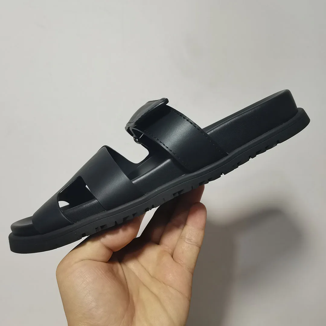 

Summer Brand Genuine Leather Slides Designer Flat Platform Casual Slippers Male Beach Shoes For Unisex Sandals