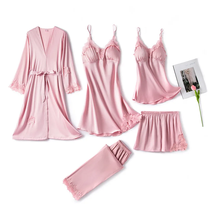 5 Piece Sexy Pajama Set Pajamas Lace Suspender Shorts Fashion Robe Pajamas Ice Ribbon Chest Pad Women's Pajamas