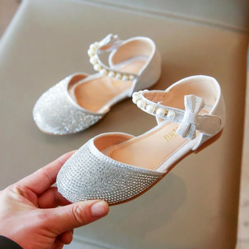 

Summer Gold Silver Girls Shoes Bowknot Rhinestone Princess Sandals Shoes For Girls Wedding Party Dance Performance Shoes New