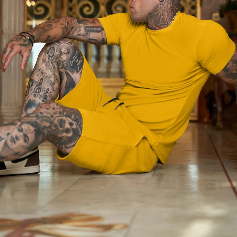 2023 New Summer Thin Solid Color Short-sleeved T Shirts and Shorts Two Piece Set Sports Suit Summer Men's Suit Ropa De Hombre