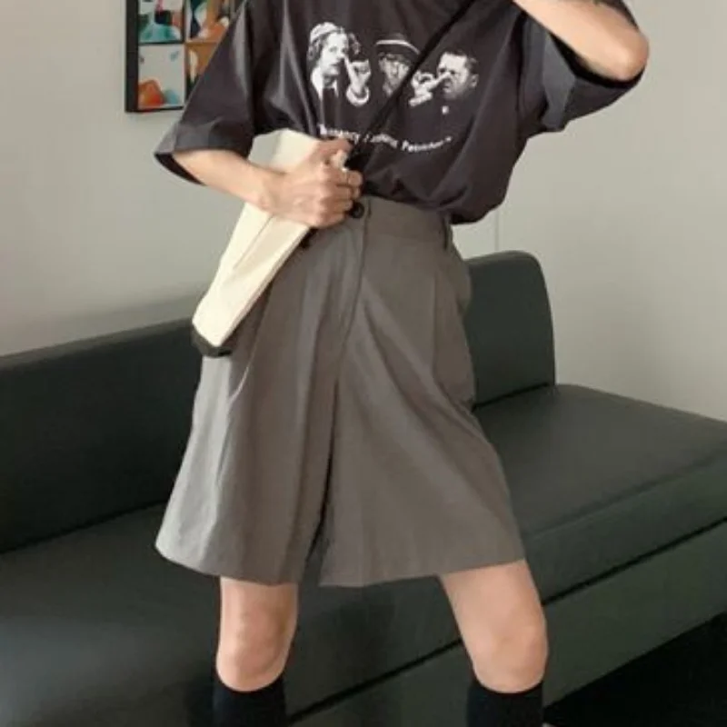 

Шорты женские универсальные с высокой талией, однотонные модные повседневные мешковатые в стиле ретро, шикарная уличная одежда в Корейском стиле, лето