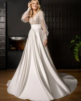 elegant v neck wedding dress beads 2022 long sleeves top lace boho backless satin bride gowns vestidos de noiva robe mariage
