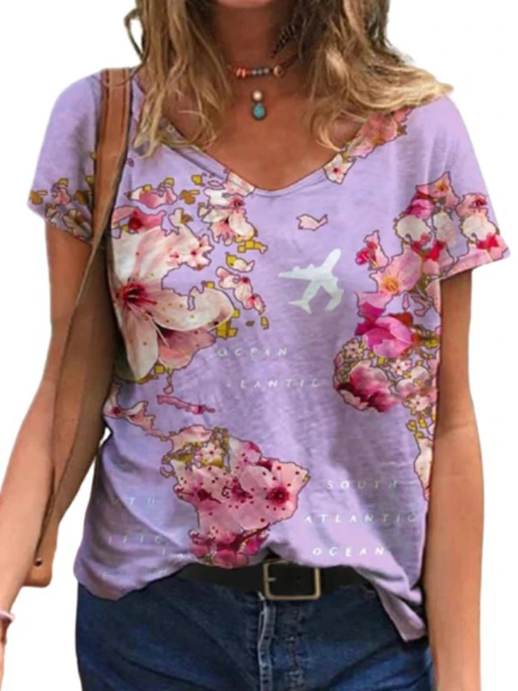 

Summer Plane Flower Print T Shirt Women's Casual V-neck Short Sleeve Tops Tee Female Loose Vintage Pullover T Shirt Streetwear