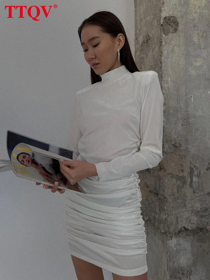 

TTQV Elegant Slim White Womens Dresses 2023 Fashion Stand Collar Long Sleeve Dresses Casual Ruched Mini Dress Female Clothing