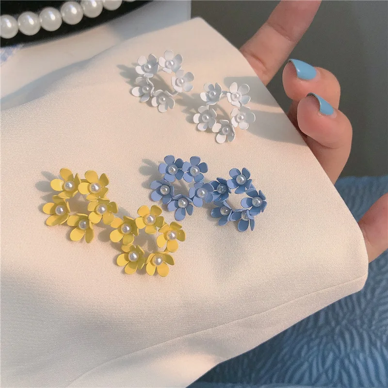 

925 Silver Needle Fashion Flower Earring Popular Sweet Korean Simulated Pearl White Blue Petal Stud Earrings For Women Jewelry