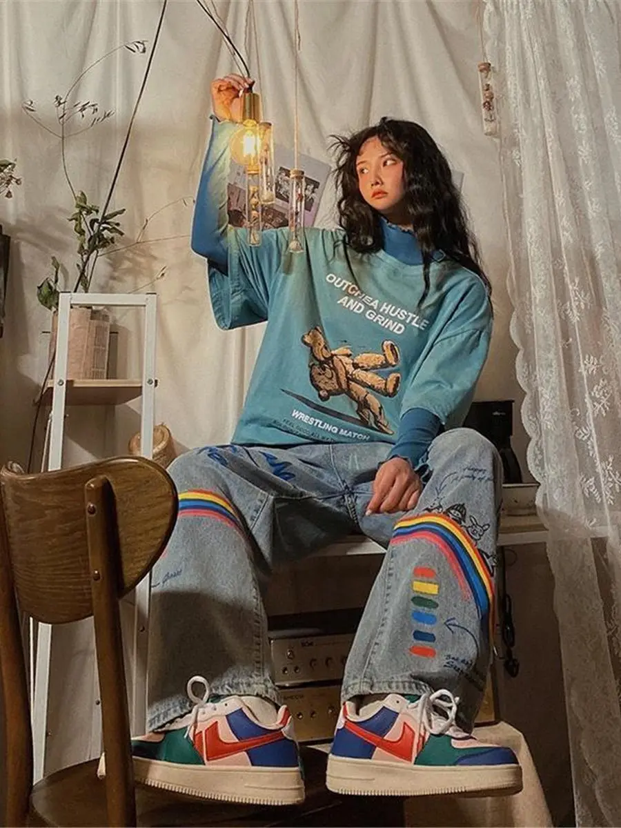 Модные радужные джинсы для девушек Ulzzang прямые брюки с широкими штанинами в стиле