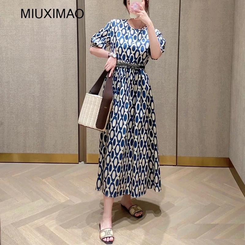 MIUXIMAO 2022 High Quality Autumn&Winter Elegant Dress Short SleeveO-Neck Geometric Fashion Long Dress Women Vestide