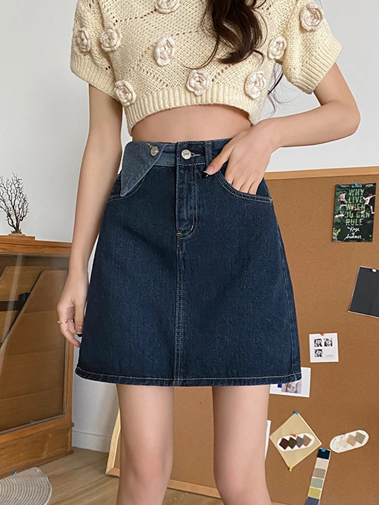 

Ailegogo Summer Women Vintage High Waist Loose Button Blue Mini Denim Skirt Streetwear Female A-line Short Jeans Skirts Bottoms