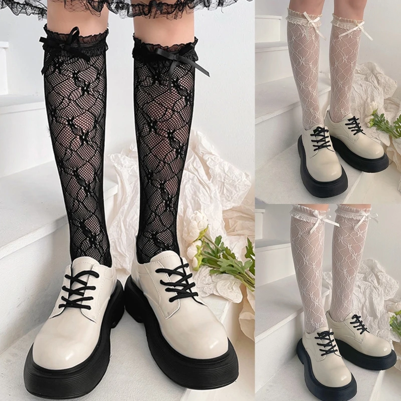 

Sweet Lolita Women Over Knee Socks Ruffled Lace Organza Trim Ribbon Bowknot Sheer Fishnet Mesh Floral Calf Stockings