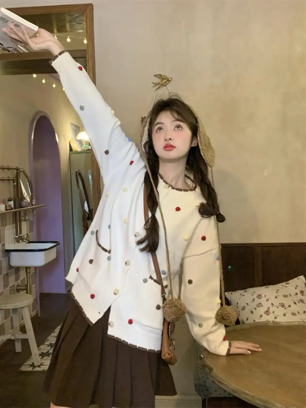 Fan Wenwen милый воскресный серый контрастный цветной кружевной вязаный кардиган