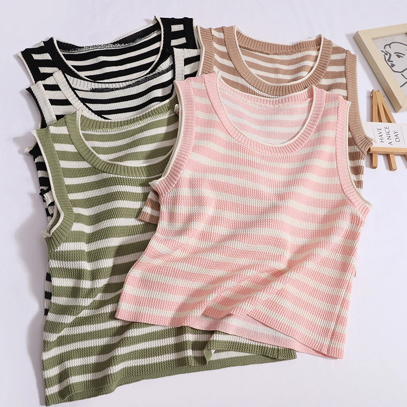 Полосатая трикотажная женская летняя модная универсальная короткая облегающая