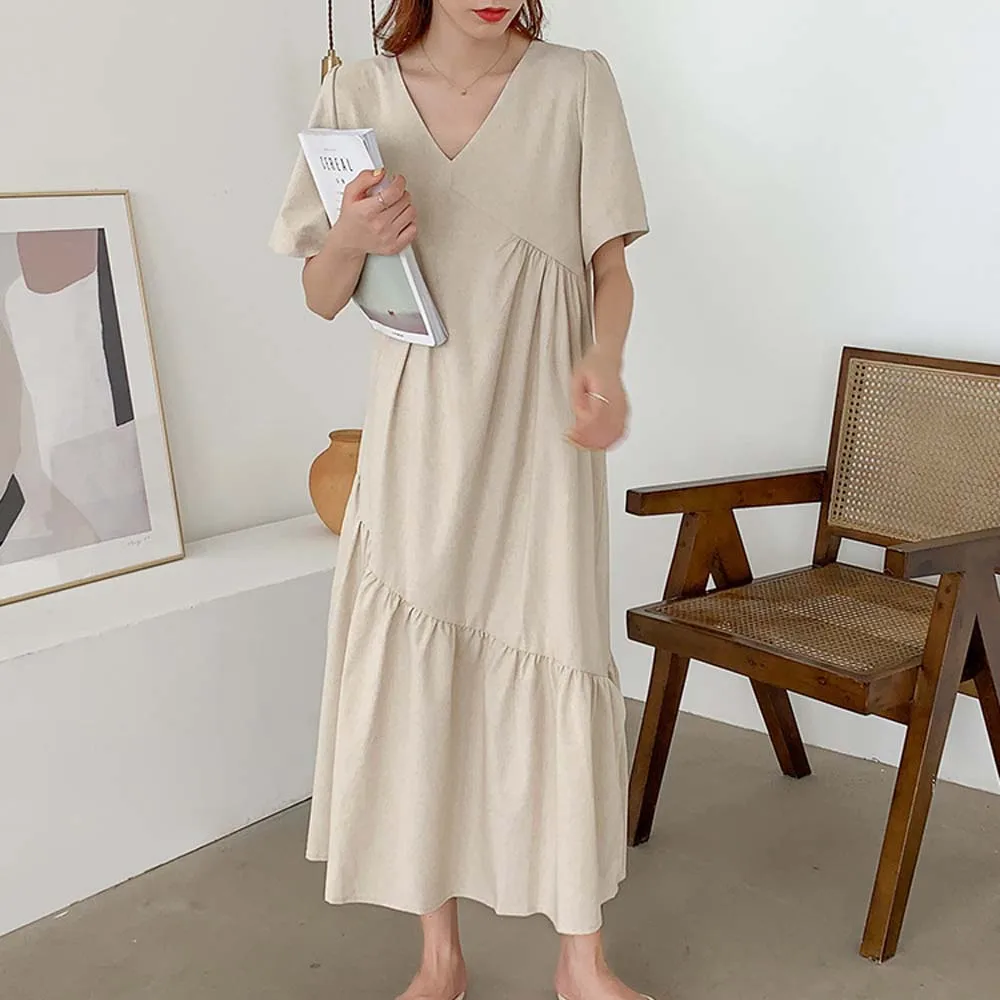

Fashion Women Dress Solid Color V-neck Half Sleeve Patchwork Slim Pullover Korea Style Minimalism Elegant Ladies Leisure Dress