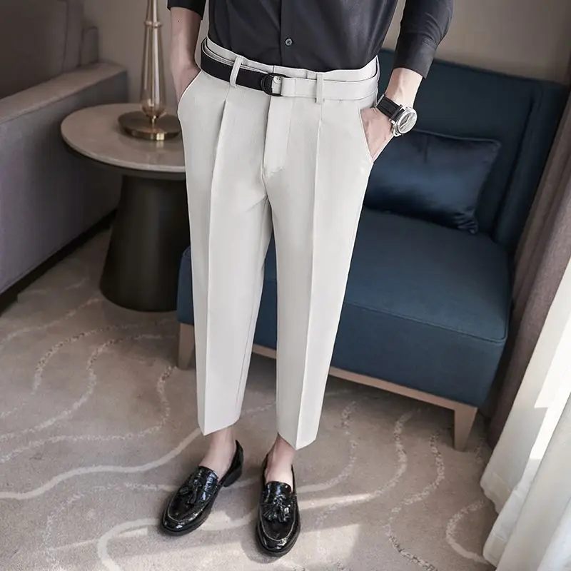 

Новинка Весна 2023, мужские брюки, облегающие прямые однотонные повседневные Костюмные брюки, мужской деловой костюм для маленьких ног, одежда, брюки P138
