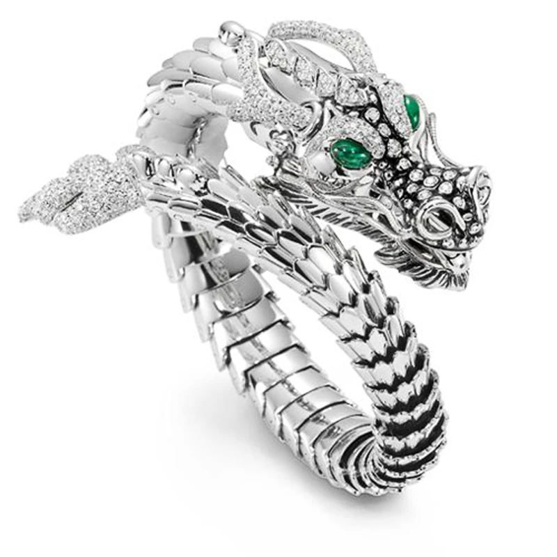 

Vinatge Punk Dragon Open Ring for Men Green Eyes Heroic Spirit Silver Color Dragon Hyperbole Male Rings Punk Style Men Jewelry