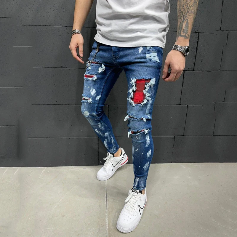 wish European and American men's new slim ripped pencil pants printed jeans Youth leisure vacation trend all-match trousers