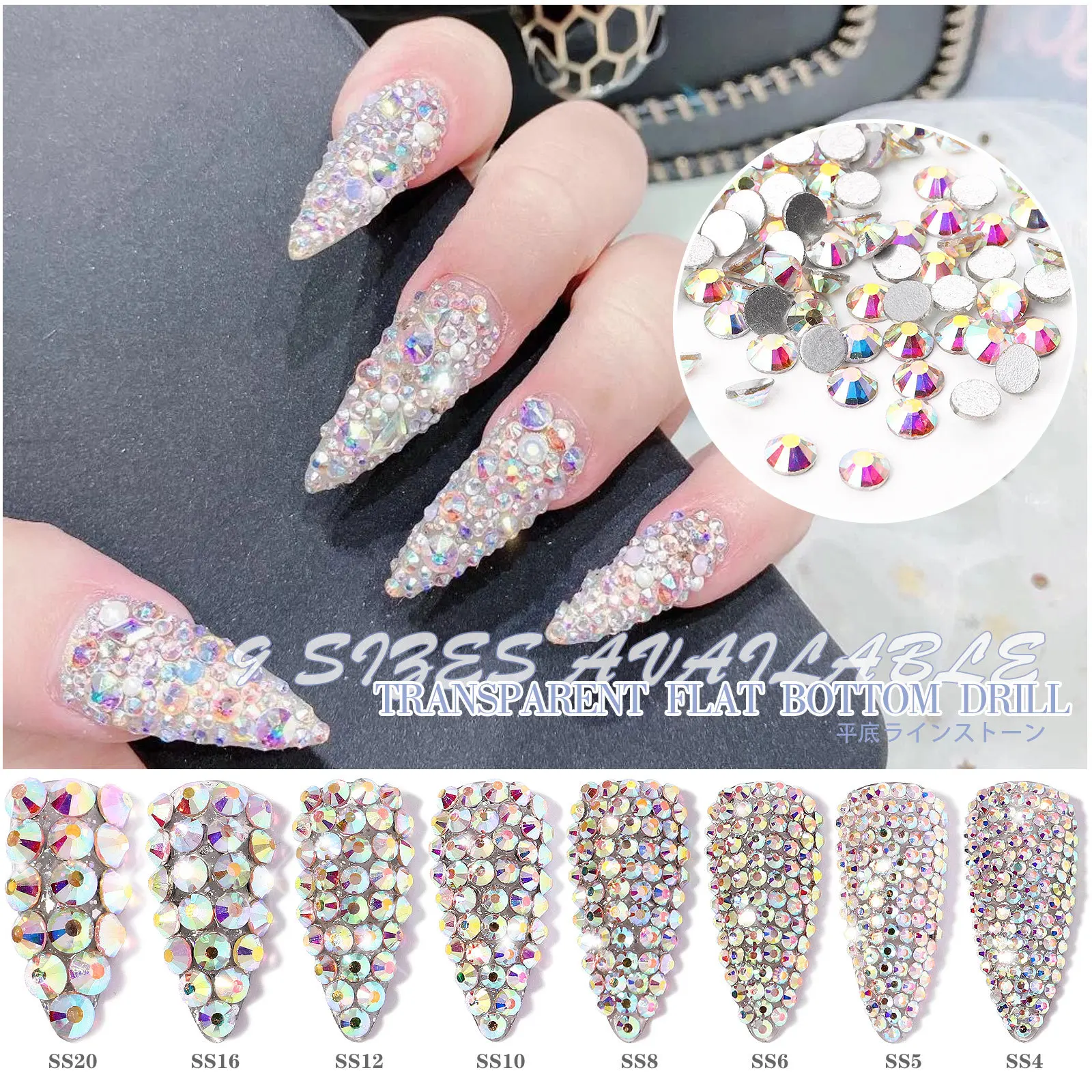

1440pc/bag Super Glitter Rhinestones Crystal Clear Non HotFix FlatBack Glass Nail Art Rhinestones Shiny Nail drill MJSP-9