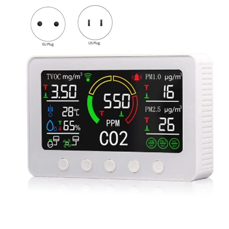 

Tuya Wifi Co2 Sensor 6 In 1 Smart Air Quality Sensor Temperature Humidity Detector Color Screen Display Easy To Use EU Plug