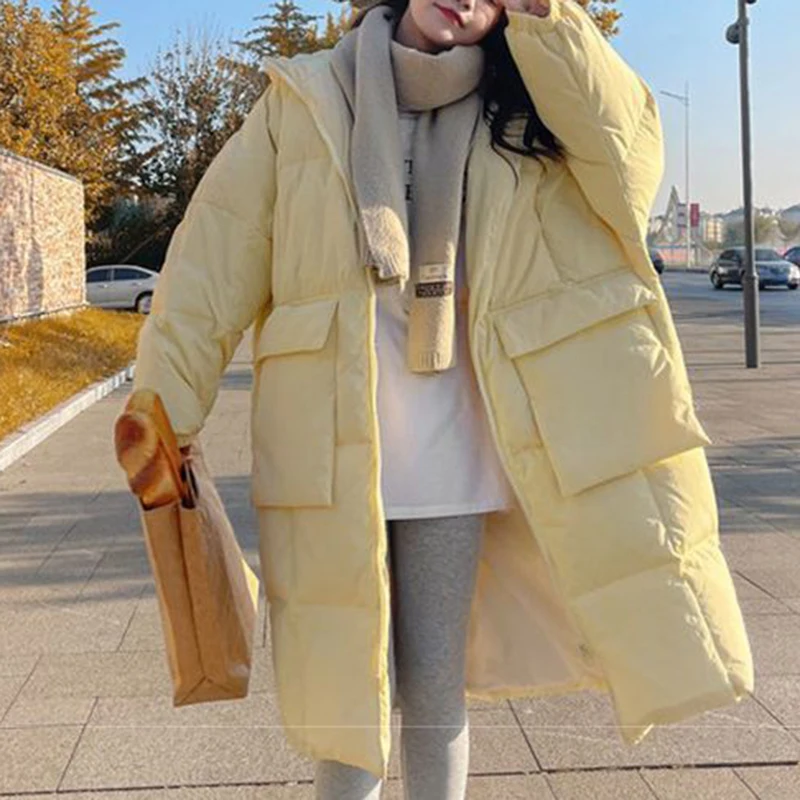 yellow  women, medium length, 2022 winter new Korean chic bread jacket, loose  thickened cotton jacket  Casual