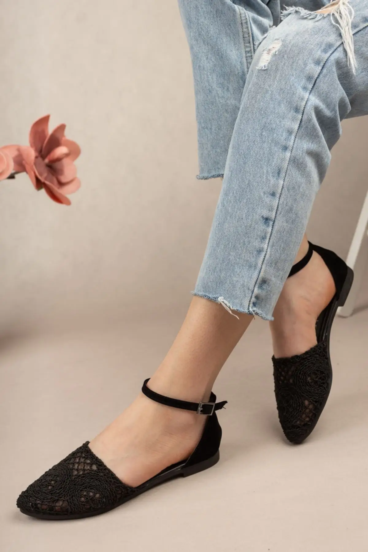 

Балетки женские с ремешком на щиколотке, модные вязаные туфли на плоской подошве, повседневная элегантная летняя обувь, черные