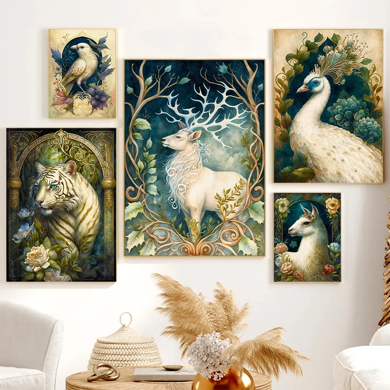 Винтажный рисунок животных искусство оленя тигра Льва павлина лошади печать на