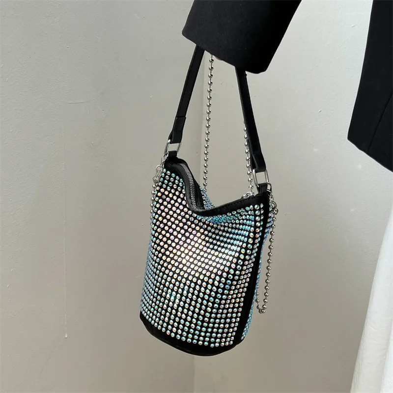 

2022 Luxury Diamonds Basket Bag Designer Brand Women Handbag Female Rhinestone Shoulder Crossbody Bag Evening Party Bucket Purse